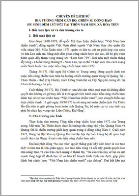 CHUYÊN ĐỀ LỊCH SỬ BIA TƯỞNG NIỆM CÁN BỘ, CHIẾN SĨ, ĐỒNG BÀO HY SINH ĐÊM 13/7/1972 TẠI THÔN NAM SƠN, XÃ HÒA TIẾN
