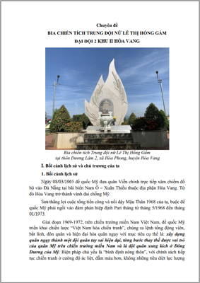 CHUYÊN ĐỀ BIA CHIẾN TÍCH TRUNG ĐỘI NỮ LÊ THỊ HỒNG GẤM ĐẠI ĐỘI 2 KHU II HÒA VANG